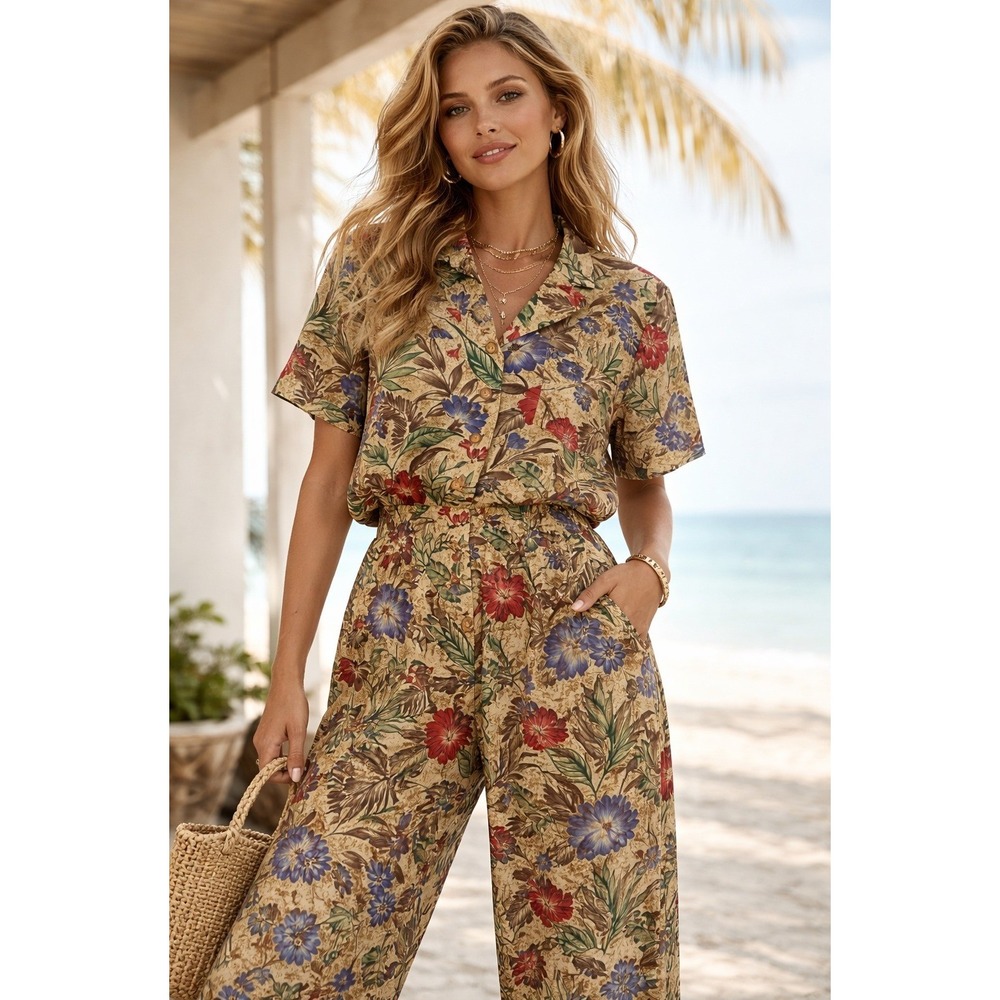 Maggy London Retro Shirt Pants Woman 8 Petite Tan Floral Silk Set Retro Boho